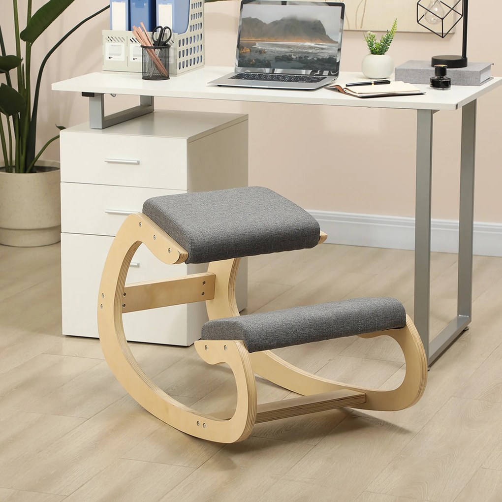 Cadeira escritorio Ergonómica de Joelhos com Almofadas Acolchoadas Estrutura de Madeira para Melhor Postura Escritório 55x85x55 cm Cinzento