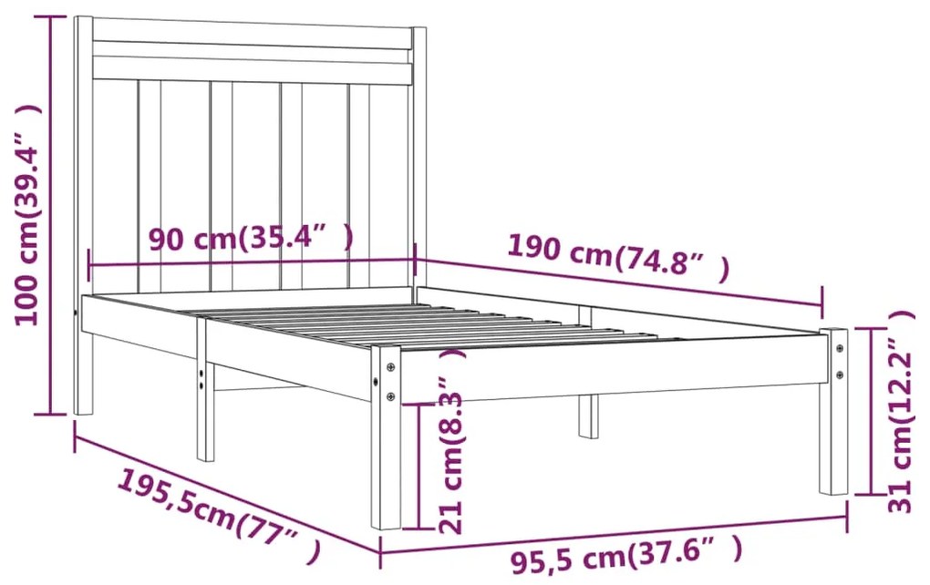 Estrutura de cama solteiro 90x190 cm madeira maciça