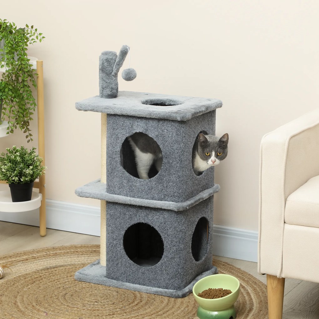Arranhador para gatos de 3 níveis em forma de torre, com 2 compartimentos abertos e uma superfície de descanso confortável, bola 43 x 33 x 80 cm cinze