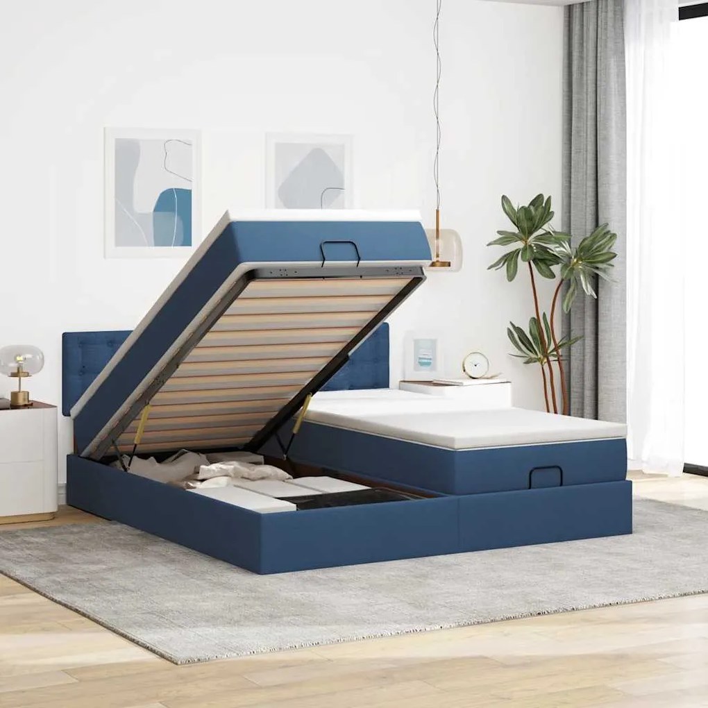 vidaXL Estrutura de cama otomana com colchões 160x200cm tecido azul