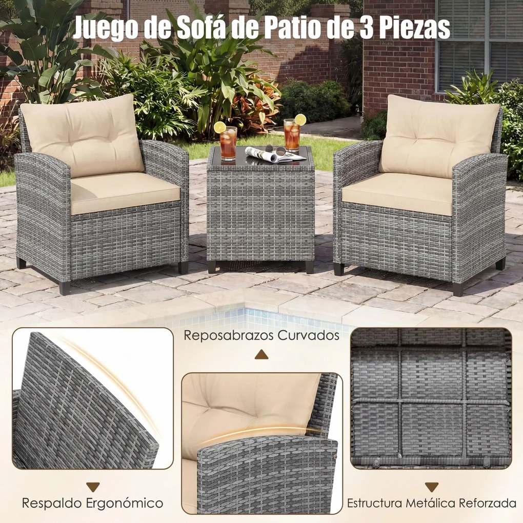 Conjunto de jardim de 3 peças, composto por cadeiras de rattan e mesa com tampo de vidro temperado para pátio, rattan em mistura de cinzento com almof