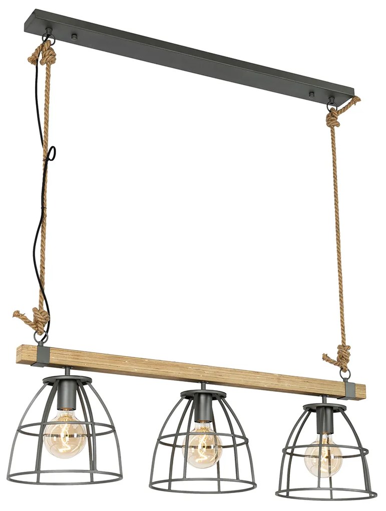 Candeeiro de suspensão industrial em madeira com cinzento escuro 3-luzes - Arthur Industrial