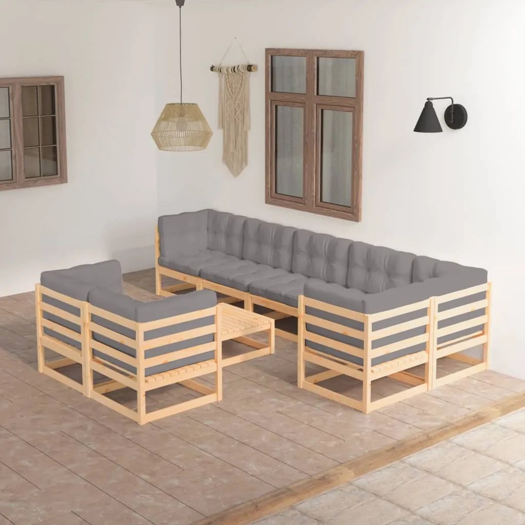 9 pcs conjunto lounge de jardim c/ almofadões pinho maciço