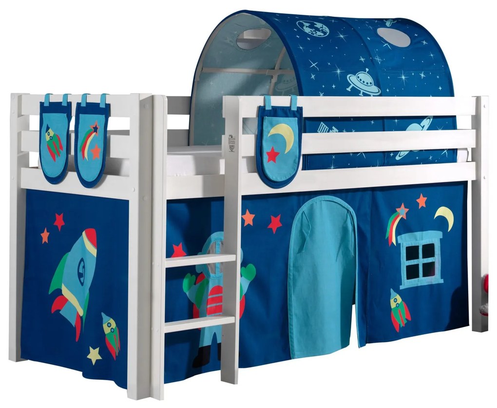 Conjunto Cama alta de Criança PINO 90 x 200 cm + estrado + escada + cortina +3 bolsas + túnel Astronauta Branca