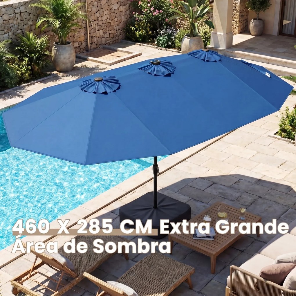 Guarda-sol duplo 460 x 285 cm com 48 luzes LED, 3 aberturas de ventilação, 12 varas, base e manivela para jardim, terraço e piscina – azul