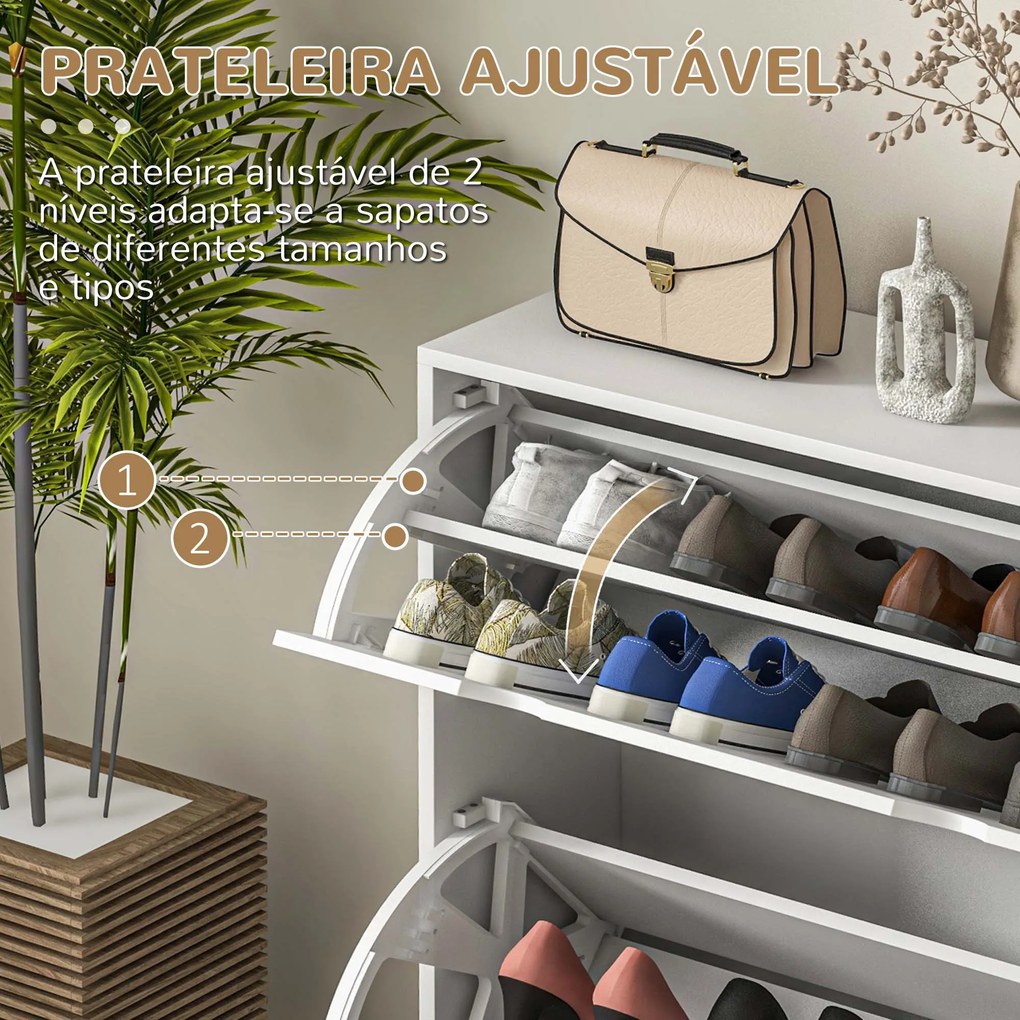 Sapateira Moderna com 2 Gavetas Rebatíveis e Prateleias Ajustáveis para 16 Pares de Sapatos Sapateira Compacta  81,5x25x83 cm Branco