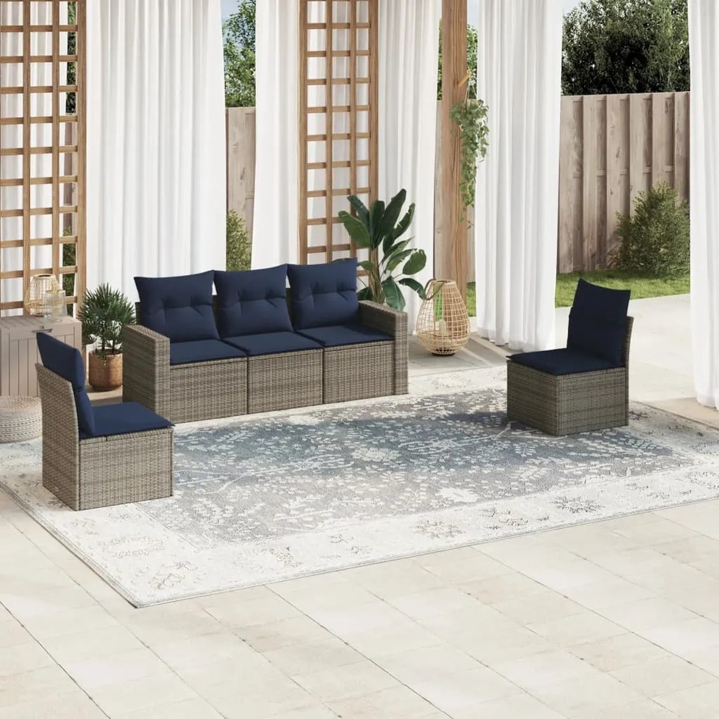 vidaXL 5 pcs conjunto sofás p/ jardim c/ almofadões vime PE cinzento