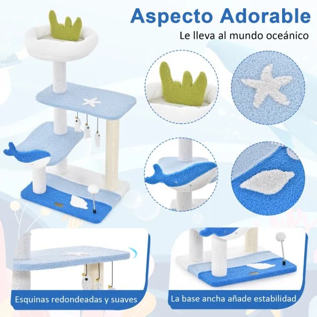 Arranhador para gatos de 86 cm Torre para gatos com tema de oceano de 3 níveis Postes de arranhar para gatos com tema de oceano Postes de arranhar cob