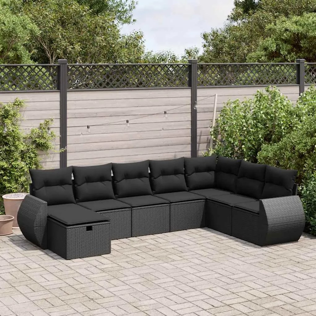 8 pcs conjunto sofás de jardim com almofadões vime PE preto