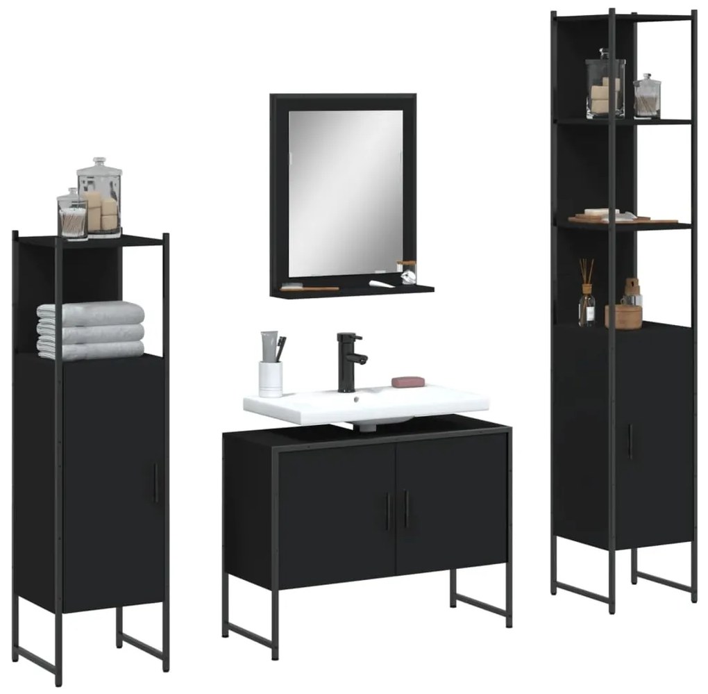 vidaXL 4 pcs conjunto móveis casa de banho derivados de madeira preto