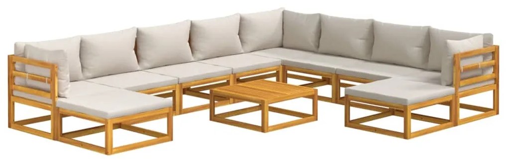 11 pcs conj. lounge de jardim madeira c/ almofadões cinza-claro