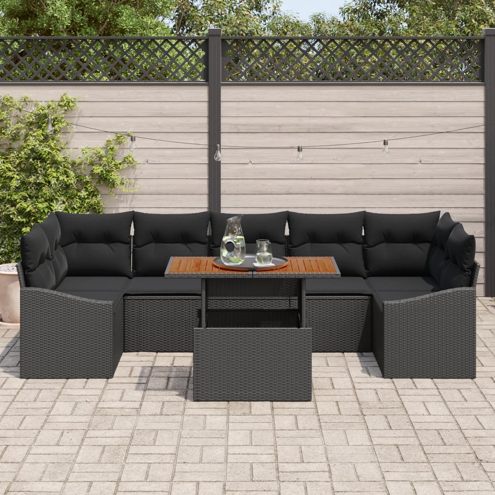 Conjunto de Sofá de Jardim de 8 Peças com Almofadas Preto Rattan Polié