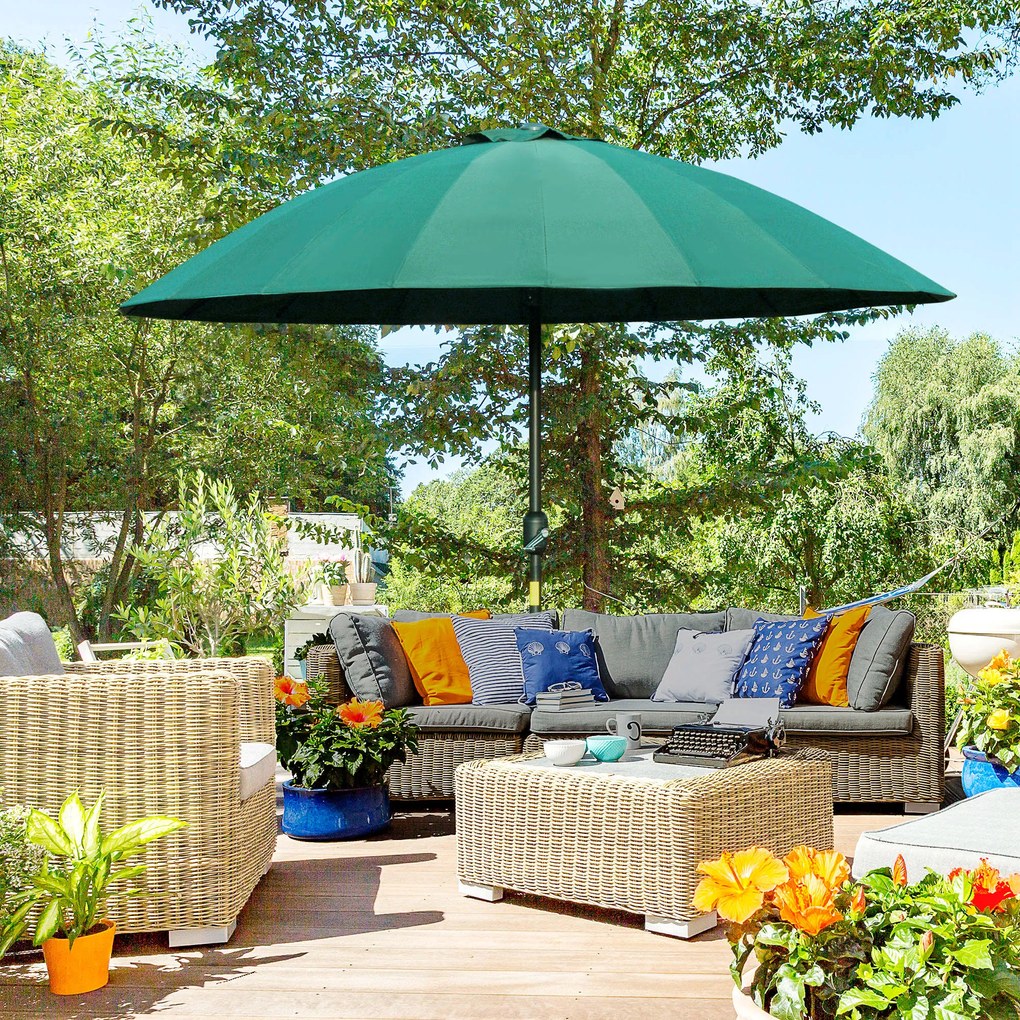 Chapéu de Sol de Jardim Ø2,5x2,4 m com Manivela Manual Mastro Flexível Impermeável e 18 Hastes para Exterior Verde