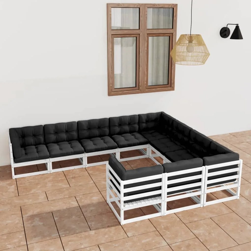 vidaXL 10 pcs conj. lounge de jardim c/ almofadões pinho maciço branco
