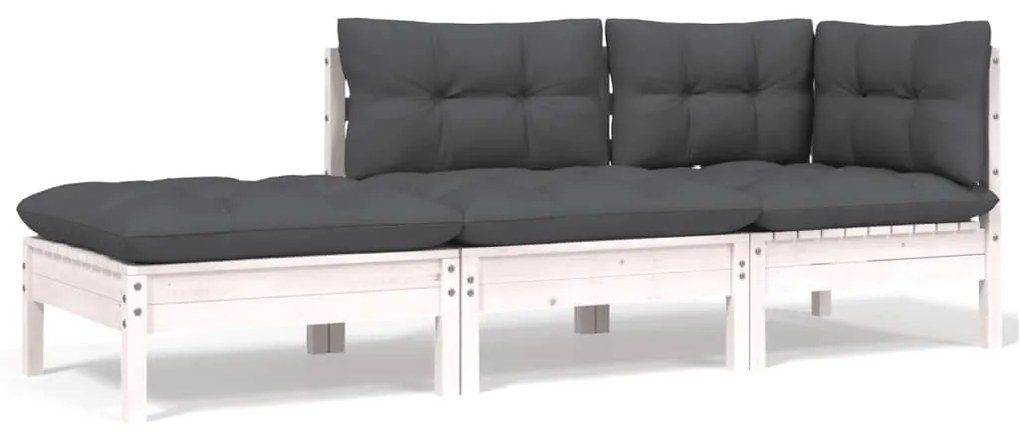 vidaXL 3 pcs conjunto lounge jardim c/ almofadões pinho maciço branco