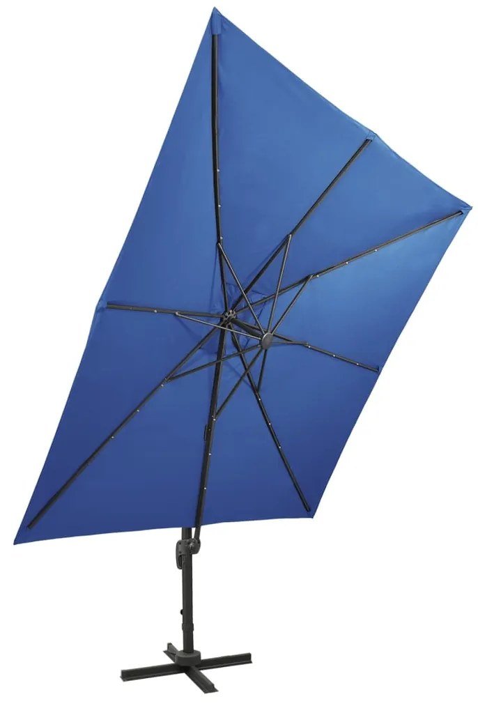 Guarda-sol jardim cantilever poste/luzes LED 300 cm azul-ciano