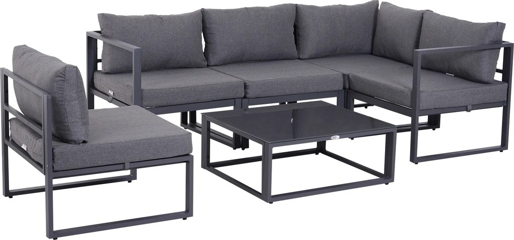 Outsunny Conjunto de Jardim 6 pçs Conjunto de Sofá Exterior Mobiliário de Jardim Alumínio + Poliéster + Vidro Temperado Cinza 4 x Poltronas 1 x Sofá de Canto 1 x Mesa de Apoio Almofadas para 4–5 Pessoas | Aosom Portugal