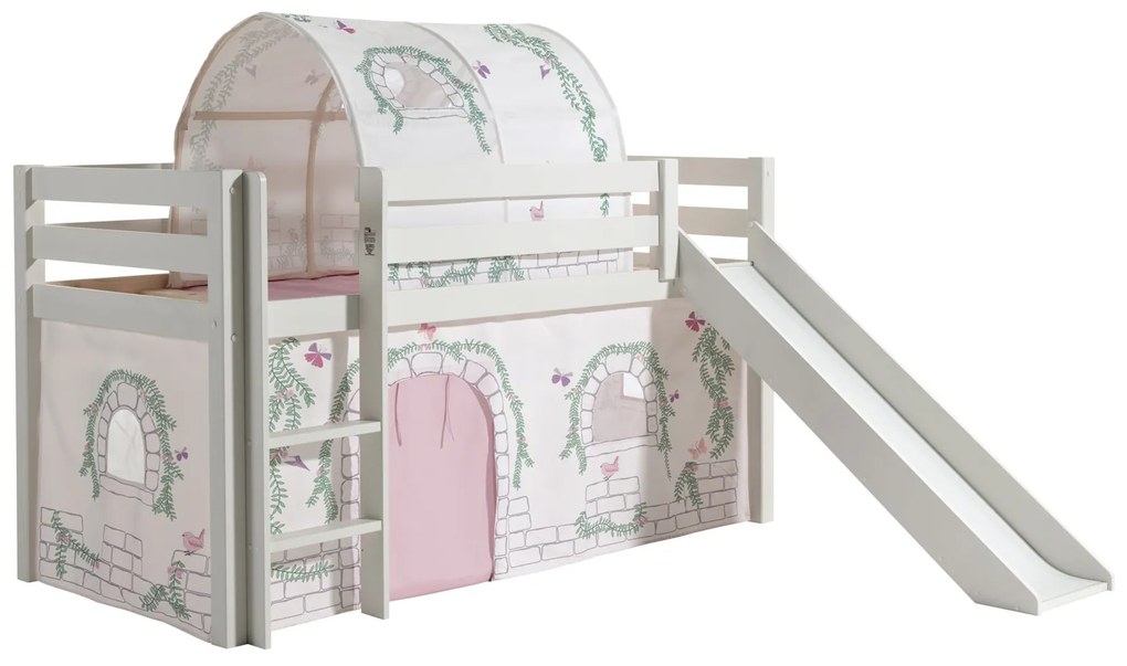 Conjunto Cama alta de Criança PINO 90 x 200 cm + estrado + escada + escorrega + cortina + túnel Pássaros branca