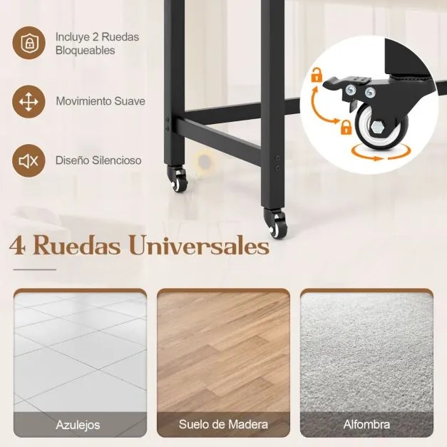 Secretária 120 x 60 x 75 cm com Rodas com Bolsa e Ganchos para Auscultadores Compacta Estrutura Metálica Natural