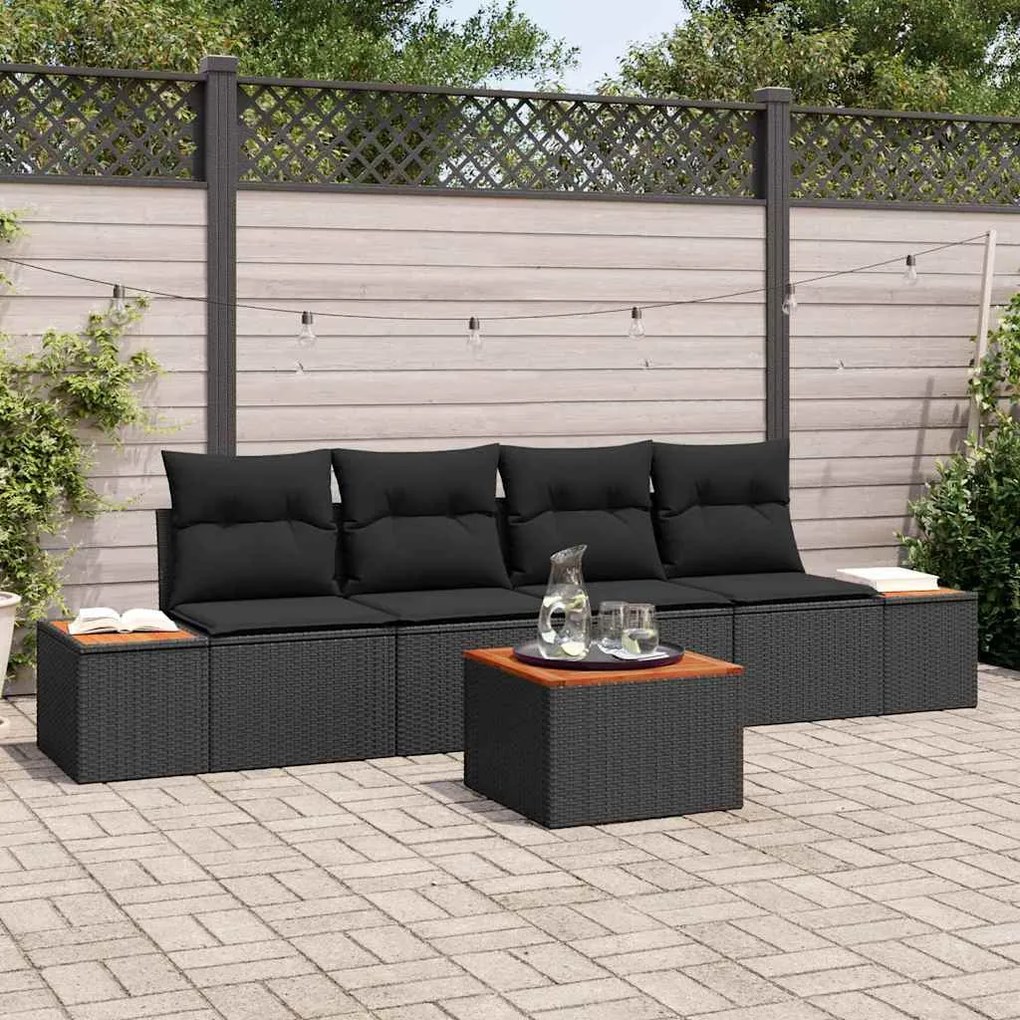 vidaXL Conjunto de Sofás de Jardim de 5 Peças com Almofadas Pretas em Rattan Sintético de Acácia