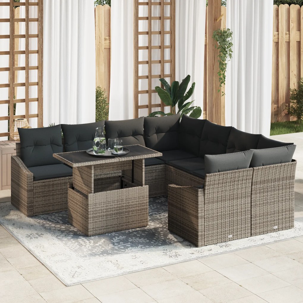 Conjunto de Sofás de Jardim de 9 Peças com Almofadas Cinzas Poly Ratta