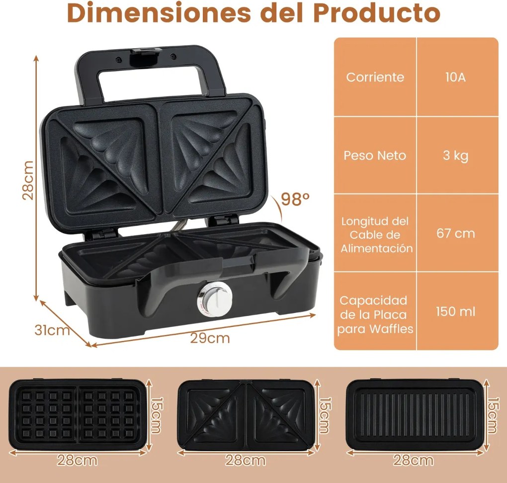 Máquina de waffles 3 em 1, sanduicheira e grelha com placas antiaderentes intercambiáveis e removíveis com regulador de temperatura Preto