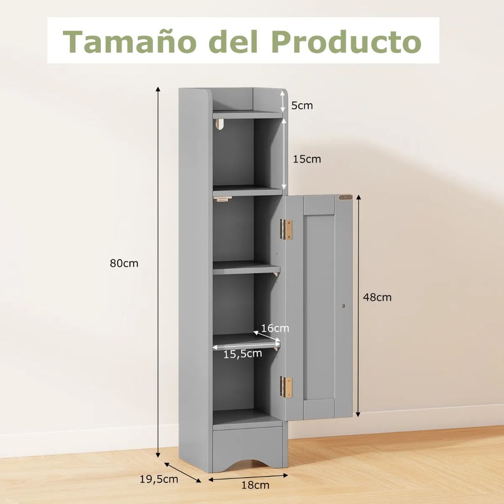 Móvel de casa de banho 18 x 19,5 x 80 cm, estreito com porta e prateleiras ajustáveis, suporte para rolo de papel higiénico cinzento
