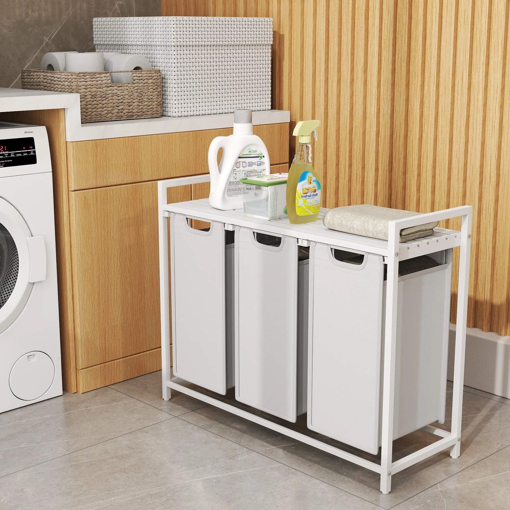 Cesto para roupa suja com 3 compartimentos e prateleira de 114 L, 92,5 x 33 x 72 cm branco