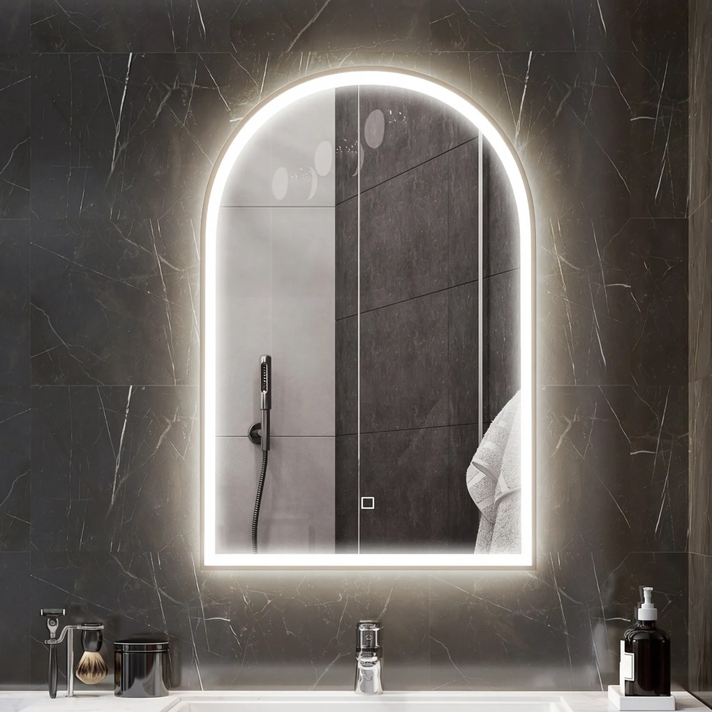 Espelho de casa de banho com LED, 90 x 60 cm, de parede, 3 cores, moldura arqueada em alumínio, sistema antiembaciamento e interruptor tátil dourado