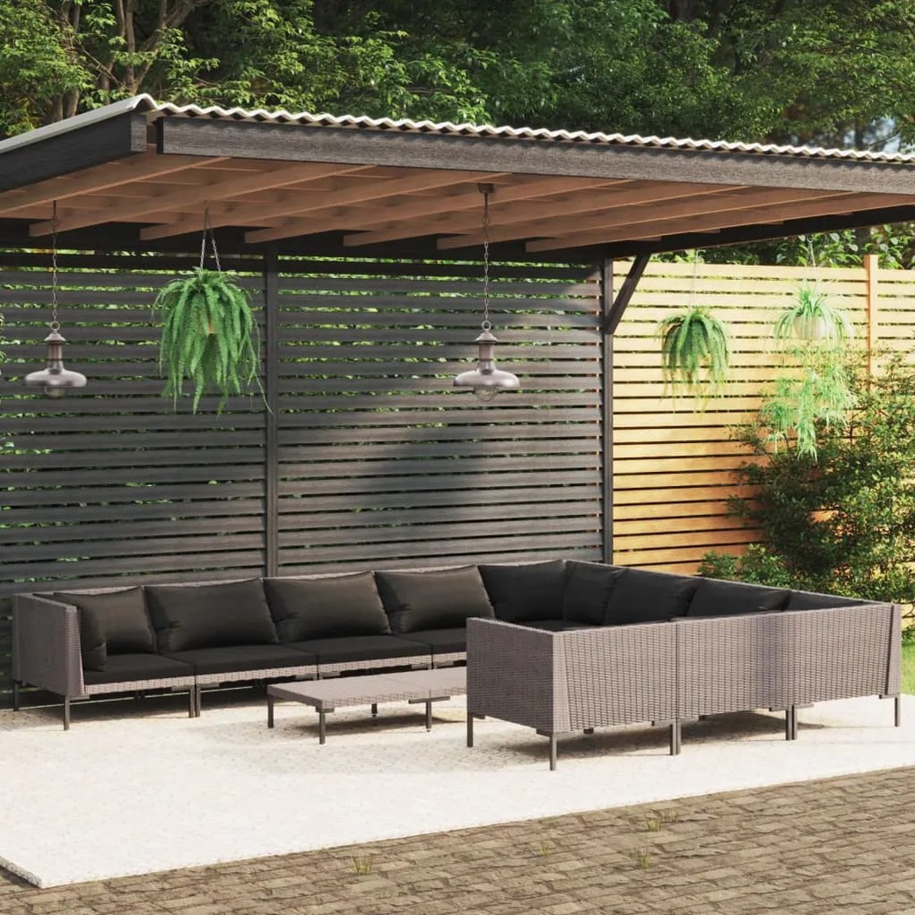 vidaXL 11pcs conj. lounge jardim c/ almofadões vime PE cinzento-escuro