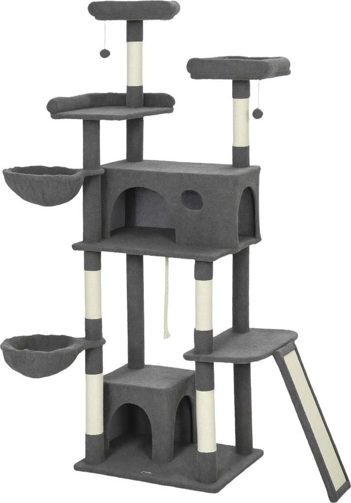 PawHut Arranhadores Grandes para Gatos Árvore Grande para Gatos 174 cm 3 Camas 2 Casas Arranhadores 60x48x174 cm Cinza | Aosom Portugal