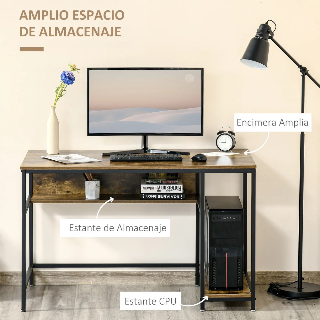 HOMCOM Secretária Estilo Industrial com Prateleiras Estrutura de Metal e Madeira para Estúdio Casa Escritório 120x60x75cm Marrom Rústico