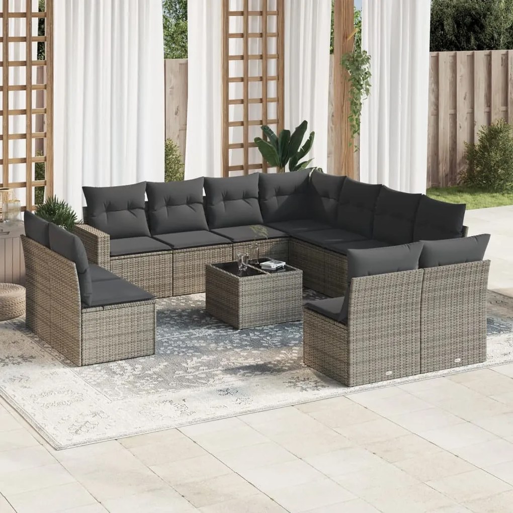 12 pcs conjunto de sofás jardim c/ almofadões vime PE cinzento