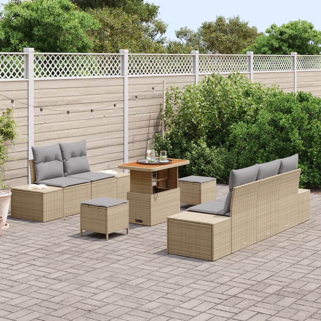 Conjunto de Sofá de Jardim vidaXL 8 Peças com Almofadas Bege Rattan Po