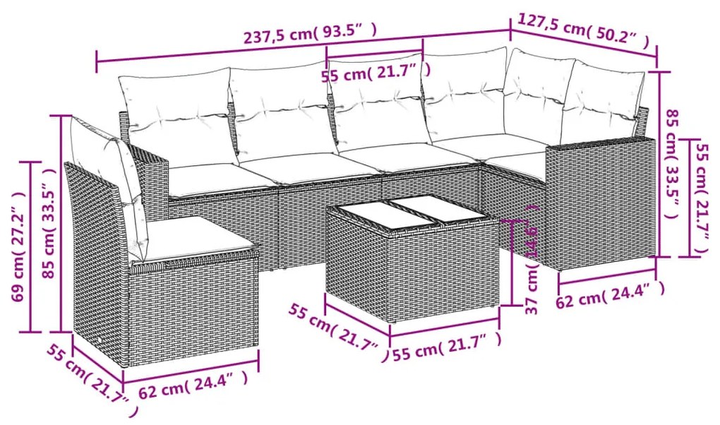 7 pcs conjunto sofás p/ jardim c/ almofadões vime PE cinzento
