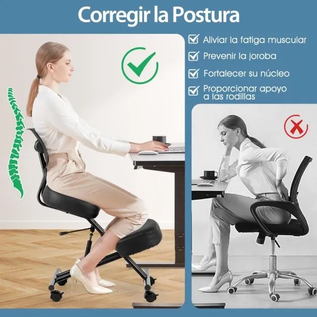 Cadeira escritorio ergonómica com apoio para os joelhos, encosto inclinado e rodas universais bloqueáveis Preto