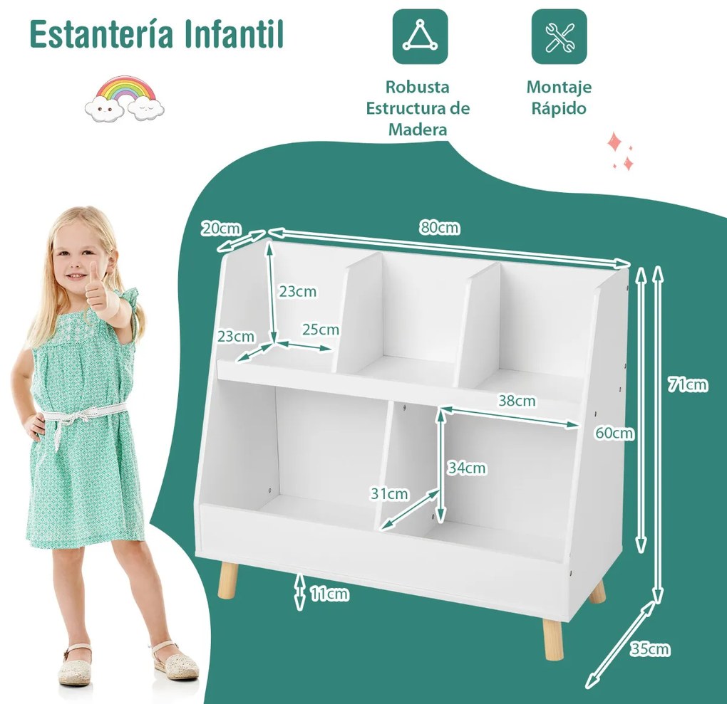 Organizador de brinquedos de 5 compartimentos para crianças Baú de 2 níveis com pernas de madeira Kits anti-queda Estante aberta para crianças Branco