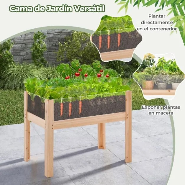 Floreira elevada de madeira 75 x 46 x 61 cm com pés 50 L, orifícios de drenagem e painéis acrílicos para frutas e legumes Natural