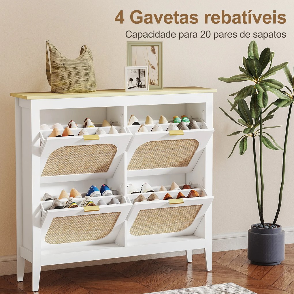 Sapateira Estreita com 4 Portas em Vime e Prateleiras Ajustáveis para 20 Pares de Sapatos 105x24x95,5 cm Branco