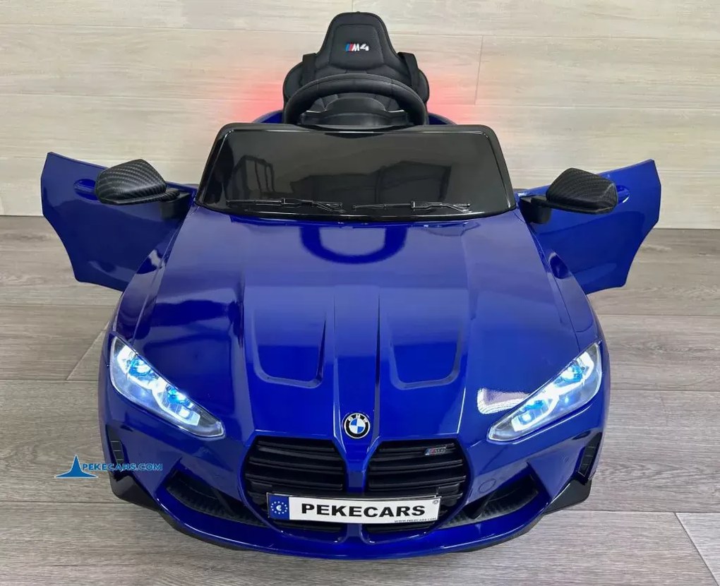 Carro elétrico para crianças BMW M4 12V 2.4G, Rodas de borracha, Assento em couro sintético Azul Metalizado