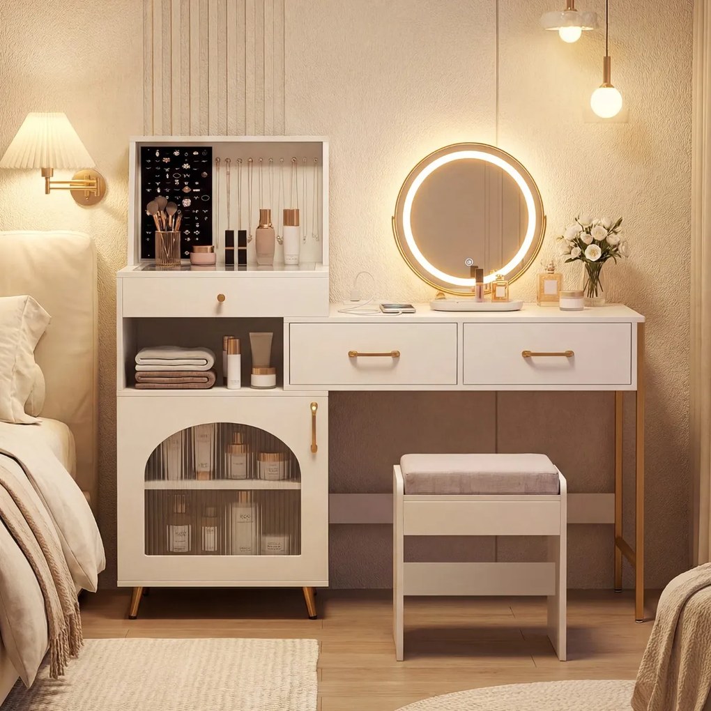 Toucador com espelho e luzes reguláveis 136 x 43 x 127,5 cm, mesa de vidro com 3 gavetas, ranhuras para anéis e ganchos, com porta e banco branco