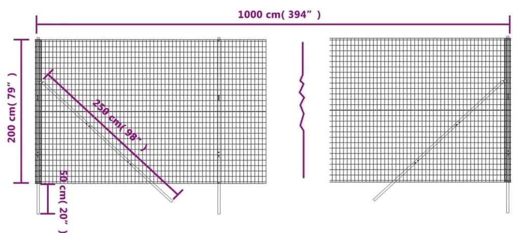 Cerca de malha de arame 2x10 m aço galvanizado antracite