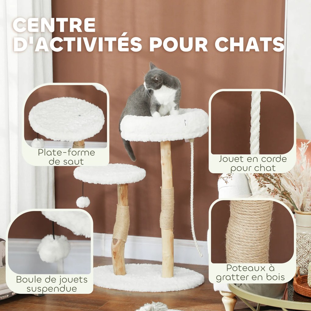 Arranhador para gatos com cama 58 x 40 x 85 cm, postes para arranhar, plataforma de salto, bola e corda de brincar,  branco