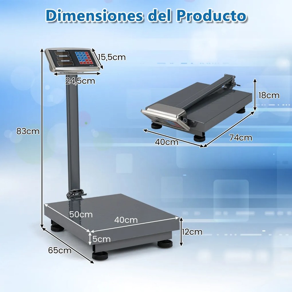 Balança industrial digital computadorizada de 300 kg Balança de plataforma com calculadora de preço Ecrã LED transparente Prata