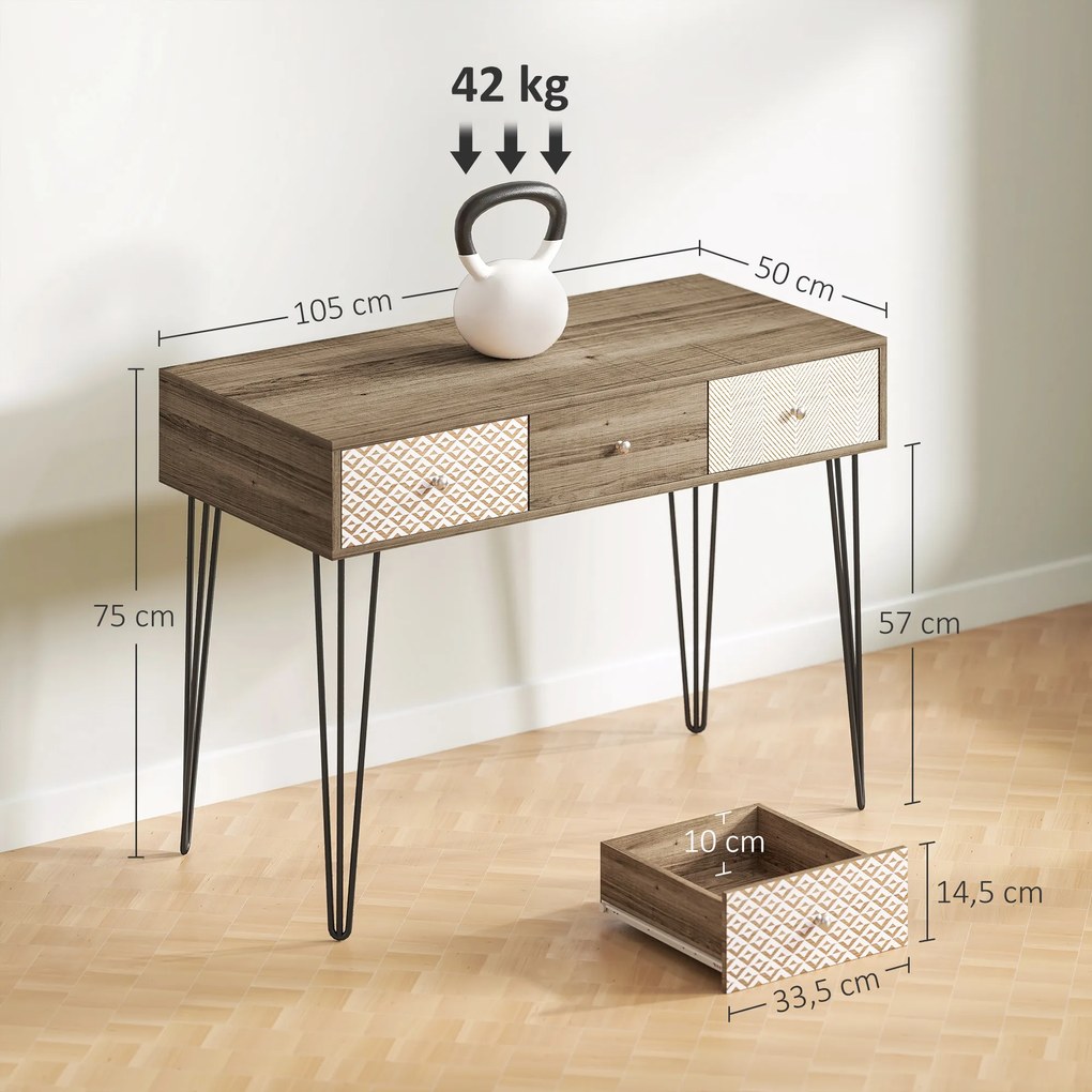 Secretária Estilo Boémio Mesa Secretária com 3 Gavetas e Pés de Ferro para Escritório Dormitório Tocador 105x50x75 cm Madeira