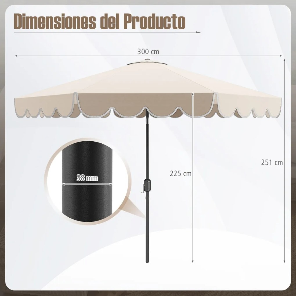 Guarda-sol 300 x 251 cm com manivela, inclinação com botão, ventilação superior e 8 varas para piscina ou praia, bege