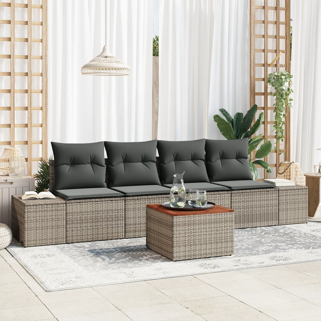 Conjunto de Sofá de 5 Peças com Almofadas Cinza Rattan Poli