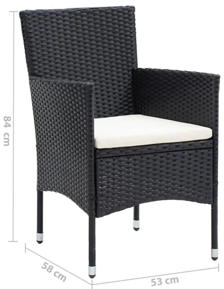 3 pcs conjunto de jantar p/ jardim c/ almofadões vime PE preto