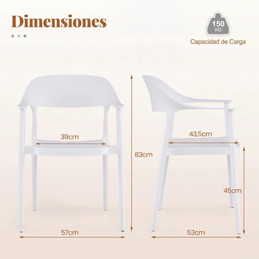 Conjunto de 4 cadeiras de jantar em plástico com encosto curvo, braços e assento amplo; para uso interior e exterior, na sala, terraço ou jardim branc