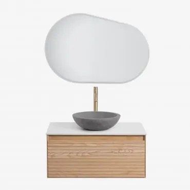 Conjunto De Móvel De Casa De Banho Suspenso Em Madeira De Freixo Tedrik Castanho Fresno & Cimento Cinzento Redondo Ø40 Cm Tarsis & Oval - Sklum